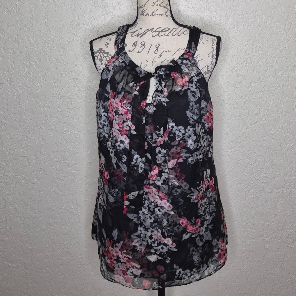 White House Black Market Floral Sleeveless Tie Neck Blouse Black Pink Size 6